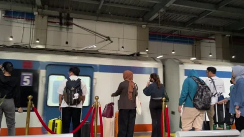 Passengers with luggage waiting in line at a train station platform. 库存影片 334377340