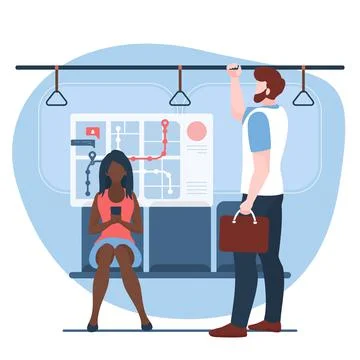 Passengers in metro train carriage inside, underground public transport with Illustrazione stock
