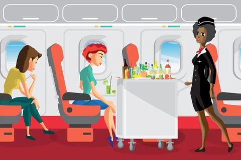 Passengers on the plane during the flight. Afro stewardess servi Illustrazione stock