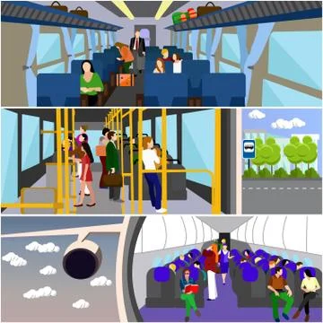 Passengers public transport concept vector banners set. People in bus, train and Stock Illustration