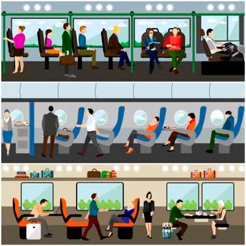 Passengers public transport concept vector banners set. People in bus, train and 스톡 일러스트