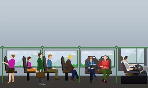 Passengers public transport concept vector banner. People in bus. Interior Illustrazione stock