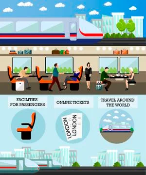 Passengers public transport concept vector banner. People in train. Subway and Stock Illustration