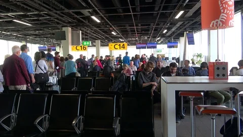 Passengers in the queue to Board the plane. Schiphol Airport, Amsterdam Stock Footage 87369464