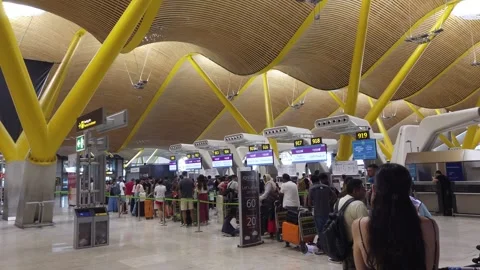 Passengers Queue at Qatar Airways Check In Desks Madrid Barajas Airport Stock Footage 339751347