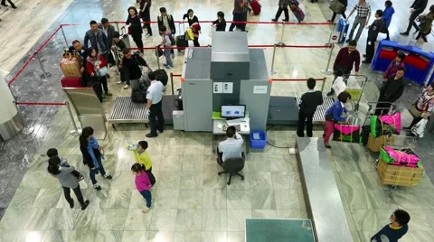 Passengers queue security check scanner in airport, top angle view Stock-Footage 50480301