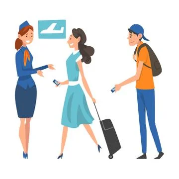 Passengers in Queue Waiting Check at Airport, Airline Representative Checking Stock Illustration