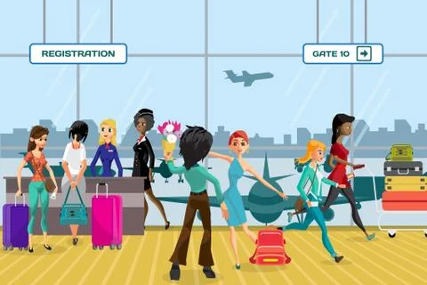 Passengers in queue waiting check-in counters at airport near re Illustrazione stock