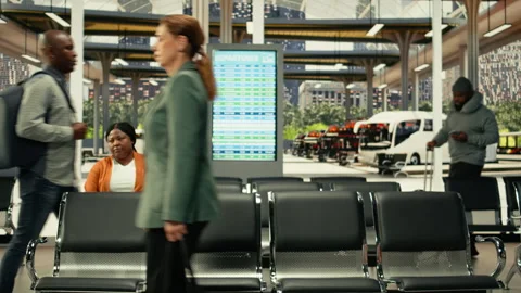 Passengers seated in bus terminal with backpacks and waiting for intercity coach Stock Footage 334723256