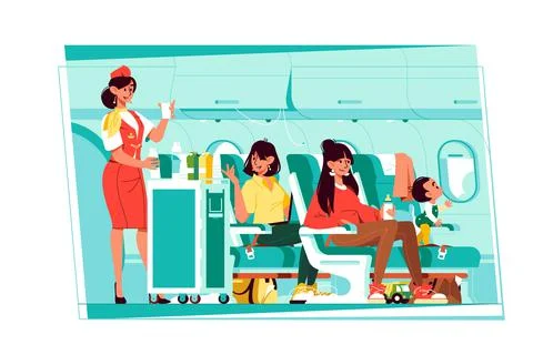 Passengers sit in airplane, get high quality service during flight Stock Illustration