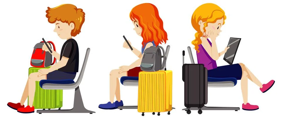 Passengers sitting and using mobile phone on white background Stock Illustration