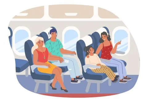 Passengers sitting inside aircraft, flat vector illustration. Travel by plane. Stock Illustration