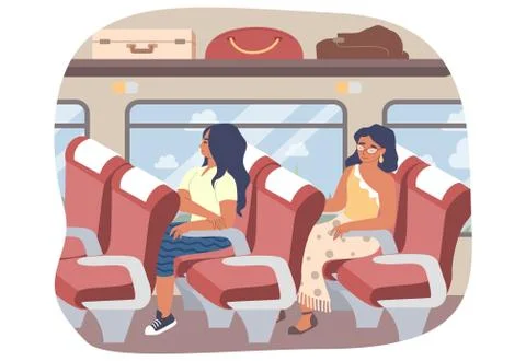 Passengers sitting inside bus, flat vector illustration. Public transport. Road Ilustración de archivo