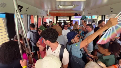 Passengers Stand Inside The Sugarloaf Cable Car Traveling Toward Pao De Acucar Video stock 344973099