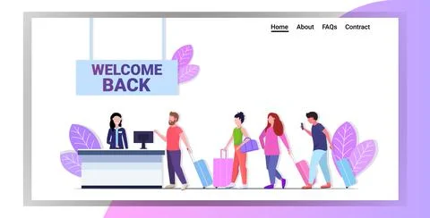 Passengers standing in line queue at airport counter for check coronavirus Illustrazione stock