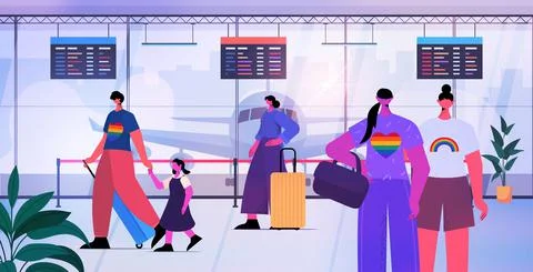 Passengers standing in line queue to airport counter for check in lgbt rainbow Illustrazione stock