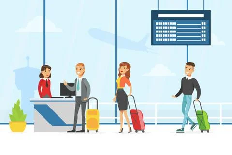 Passengers Standing in Queue with Luggage to Register for Flight in Airport Stockillustratie