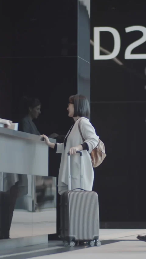 Passengers Standing in Queue with Their Suitcases at Airport check-in Stock Footage 323229744