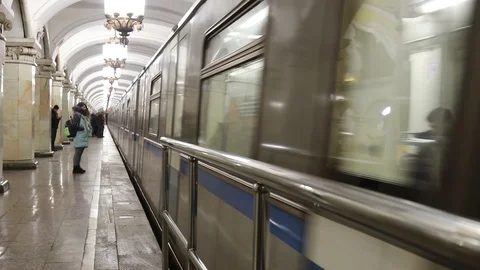 Passengers On Subway And Train Arrives At Station Komsomolskaya Moscow Stock Footage 85660355