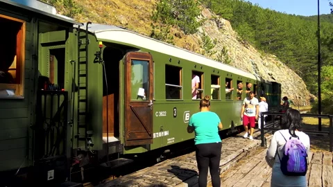 Passengers taking short rest in front of the train in Mokra Gora. 動画素材 162691896