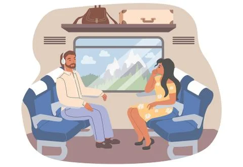 Passengers traveling by train, flat vector illustration. Railroad travel Stock Illustration
