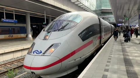 Passengers unboard high speed DB (Deutsche Bahn) ICE train at Utrecht station Stock Footage 219891058