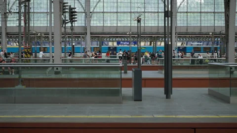Passengers Wait On Platform As Train Arrives At Prague Main Railway Station Stock Footage 342279093