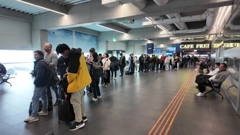 Passengers Waiting in Airport Boarding Queue Near Cafe and Gates With Lugga.. Stock Footage 340166388