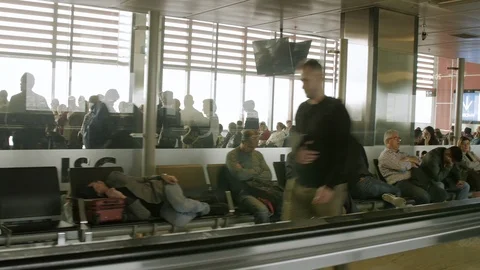 Passengers waiting and going to Gate at Airport. Automatic Track use. Stock Footage 89607873