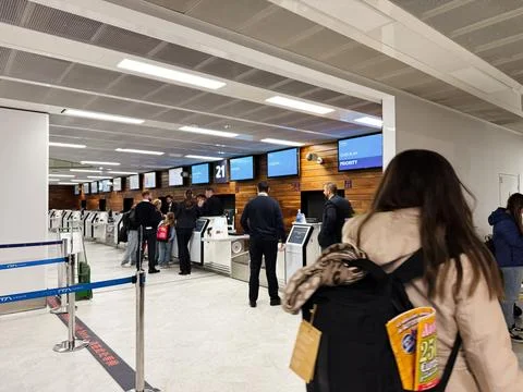 Passengers waiting in check in queue at an airport terminal in Paris, Franc.. Stock Photos