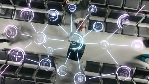 Passengers walking in crowded airport, cloud computing VFX compositing Stock Footage 334935116