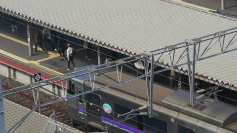 Passengers walking past train on station platform, Hakodate, Japan, 2026.09.10. Stock Footage 345431780