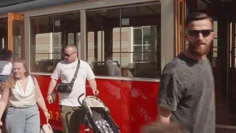Passengers Walking At Sassi Superga Historic Tramway - Turin - Piedmont - Italy Stock Footage 344095564
