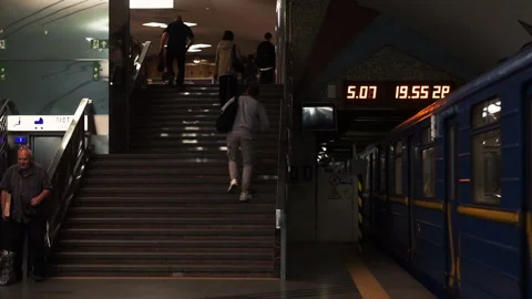 Passengers walking up the stair at the subway Stock Footage 211109697