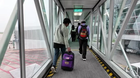 Passengers Walking Through Glass Jetway At Airport Stock Footage 345160325