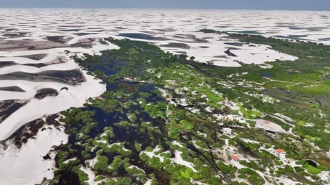 Passing Above Vegetated Sand Ridges and Dark Water at Lençóis Maranhenses Stock Footage 342445728