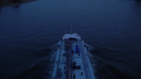 Passing cargo ship - view from above river Rhine in Cologne, North Rhine Stock Footage 87475782