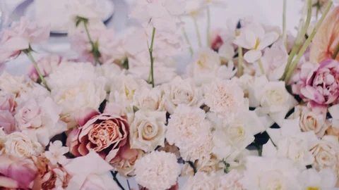 Passing by close up shot of beautiful asters, roses and andreanums Stock Footage 98734055