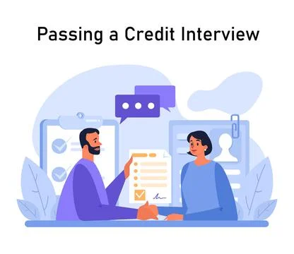 Passing a Credit Interview concept. Man reviews woman's credit profile, ensuring イラスト素材