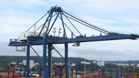 Passing by Gantry Cranes in Container Terminal Stock Footage 116408569