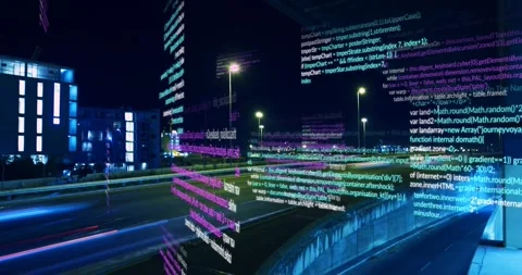 Passing light streaks sparking 3D cyan magenta code panels filling night road, Stock Footage 329473040