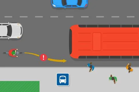 Passing from the right. Wrong direction of overtaking the bus at bus stop. Stock Illustration