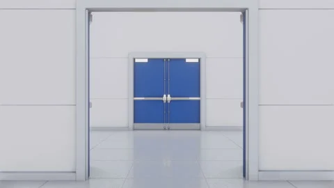 Passing through the blue double doors. Stock Footage 102158362