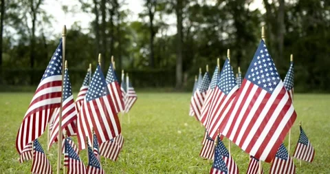 Passing through rows of slow waving US American flags blowing in the wind. .. Stock Footage 282474468