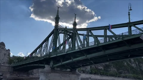 Passing through under Budapest Liberty Bridge low angle view on Danube river Stock Footage 276346065