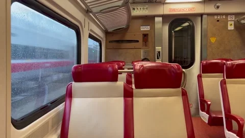 Passing Train View Through Commuter Train Window Stock Footage 338364317