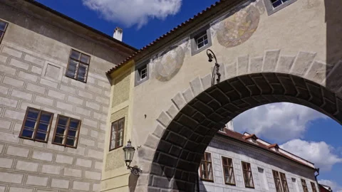 Passing Under Arches and Painted Walls in Český Krumlov Stock Footage 313386133