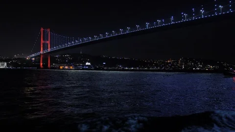 Passing Under the Bosphorus Bridge At Night, Istanbul Turkey Stock Footage 121379677