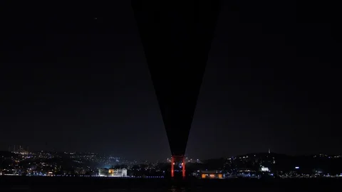 Passing Under the Bosphorus Bridge At Night, Istanbul Turkey Video stock 121379737