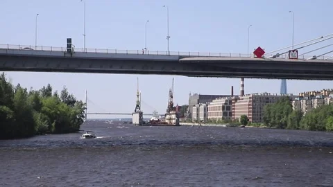 Passing under the bridge, towards floating dock of the Almaz Shipbuilding Co Stock Footage 312769472